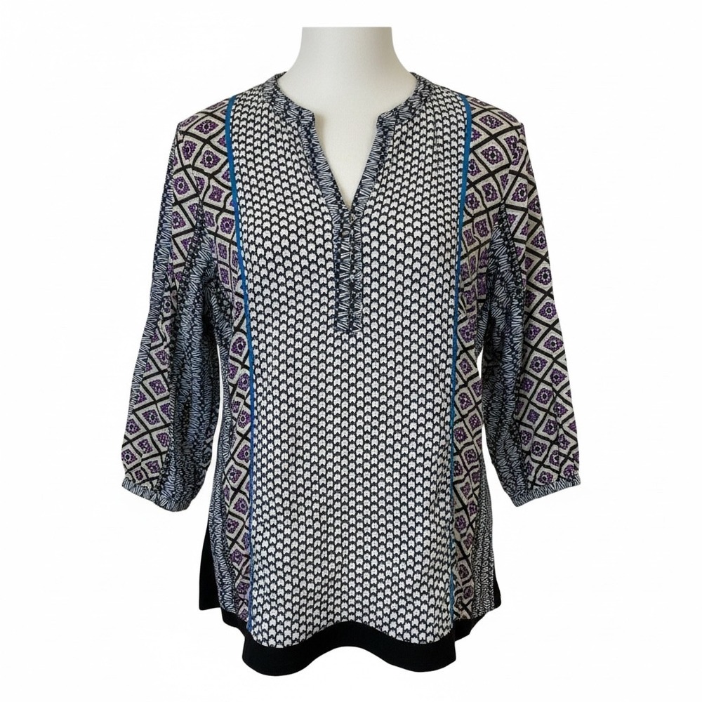 Boho Life Style Petite XL Tunic Top Cotton Mixed Geometric Print Blue Black